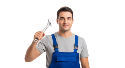 A cheerful tradesman with a wrench in his hand, ready to fix any problem with a smile and his trusty spanner.