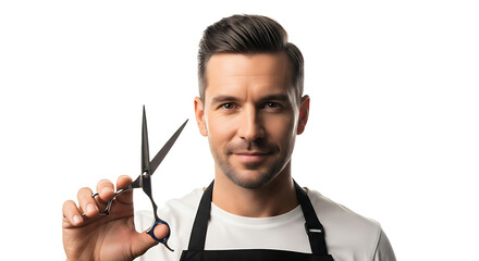 A confident barber in a white shirt and black apron presents scissors, promising a professional and stylish grooming experience.
