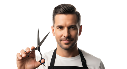 A confident barber in a white shirt and black apron presents scissors, promising a professional and stylish grooming experience.