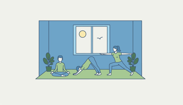 A wellness program event with employees participating in yoga or meditation sessions in a spacious peaceful room.