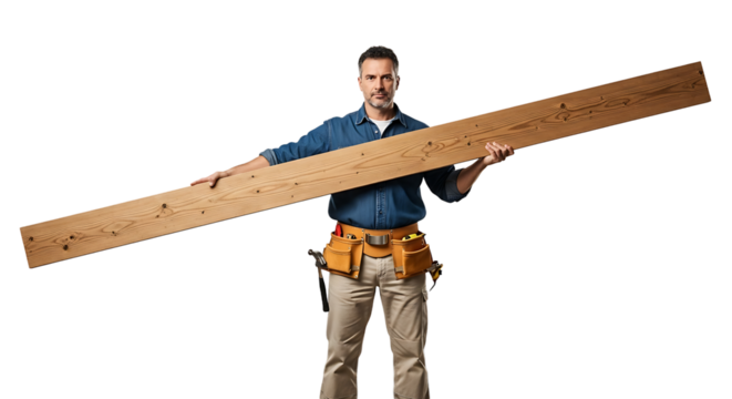 Professional craftsman displaying a lumber plank with tools. Perfect for construction and home improvement projects.