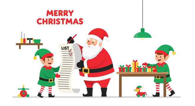 Merry christmas santa claus and elves checking gift list and wrapping presents at north pole workshop