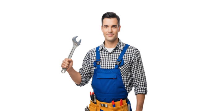 Friendly handyman in blue overalls holding a wrench, ready to tackle repairs with a positive attitude and expertise. - Powered by Adobe