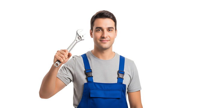 A cheerful tradesman with a wrench in his hand, ready to fix any problem with a smile and his trusty spanner.