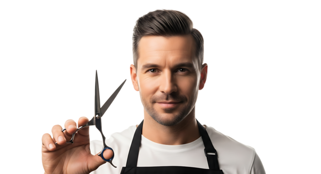 A confident barber in a white shirt and black apron presents scissors, promising a professional and stylish grooming experience. - Powered by Adobe