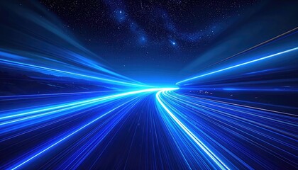 Abstract blue light trails in speed at night with starry sky background
