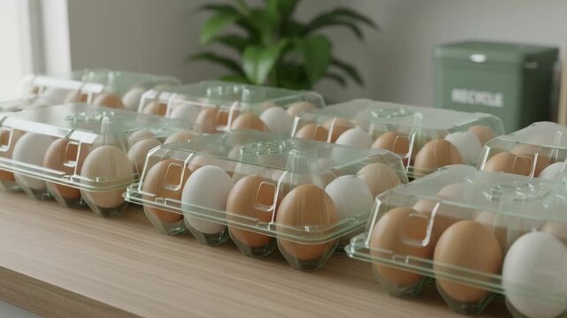 Medium shot showing compostable plastic egg cartons with transparent surfaces emphasizing sustainable recyclable food storage solutions