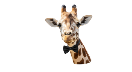 Elegant giraffe portrait with a black bow tie against a transparent background, showcasing its unique charm and beauty.