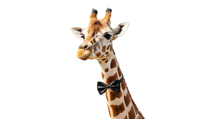 Naklejka premium A giraffe stands elegantly, wearing a sophisticated black bow tie, adding a touch of charm to the majestic animal.