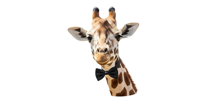 Elegant giraffe portrait with a black bow tie against a transparent background, showcasing its unique charm and beauty.