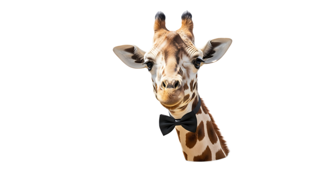 Elegant giraffe portrait with a black bow tie against a transparent background, showcasing its unique charm and beauty.