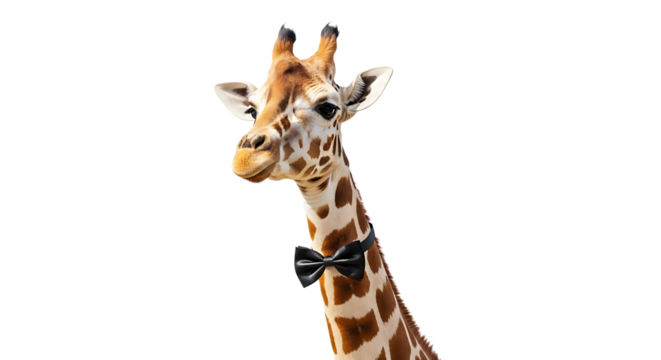 A giraffe stands elegantly, wearing a sophisticated black bow tie, adding a touch of charm to the majestic animal.