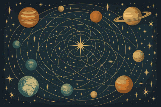 Detailed depiction of the solar system with all planets orbiting around the sun amidst a backdrop of stars.