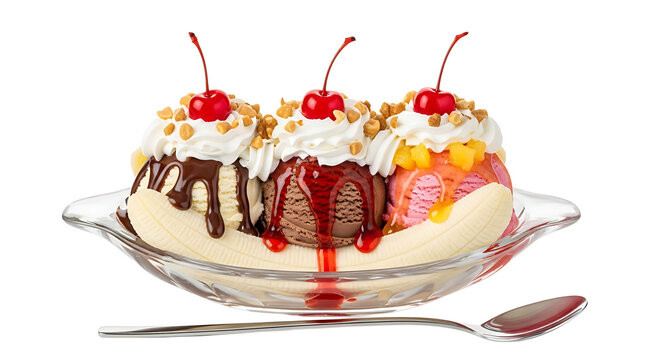 Indulge in a sweet delight! Classic banana split with ice cream, hot fudge, whipped cream and cherries on top. - Powered by Adobe