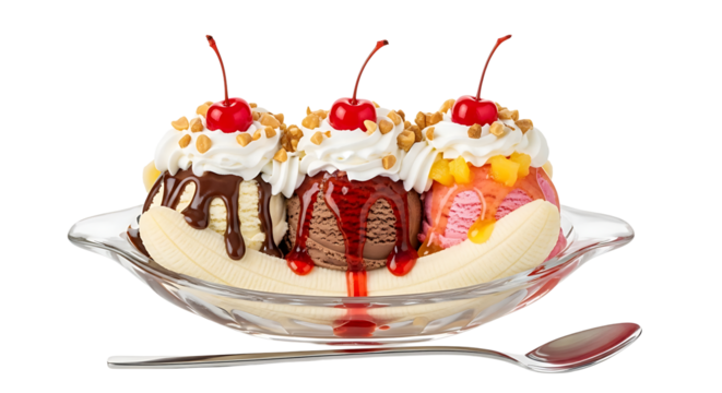 Indulge in a sweet delight! Classic banana split with ice cream, hot fudge, whipped cream and cherries on top.