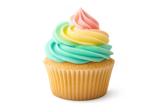 Colorful rainbow cupcake with pastel icing on transparent background - Powered by Adobe