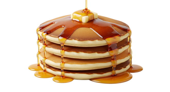 A stack of fluffy pancakes drizzled with golden syrup and topped with a melting pat of butter, breakfast delight.