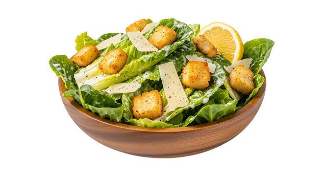A vibrant caesar salad in a wooden bowl, topped with croutons, cheese, and lemon slice makes a very appetizing meal.