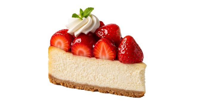 Indulge in this mouthwatering slice of cheesecake! Adorned with fresh strawberries and a dollop of cream. Delicious!
