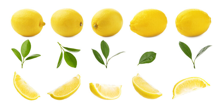 Fresh lemons and green leaves isolated on white, set. Citrus fruit