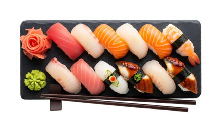 An artistic arrangement of assorted nigiri sushi on a dark serving platter, complemented by ginger and wasabi garnish. 