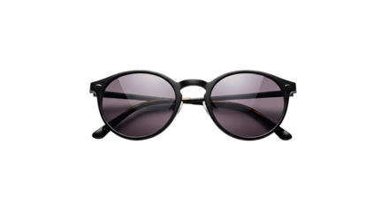 A set of round, dark-rimmed sunglasses, carefully centered against a transparent background.  Elegance and minimalism fuse.