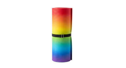 Rolled fitness mat with a rainbow gradient and black strap against a transparent background, perfect for yoga.