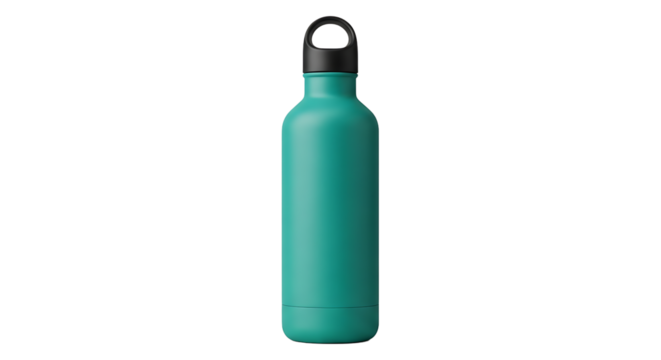 Turquoise hydration: a sleek reusable water bottle with a matte black cap on a transparent background, minimalist style. - Powered by Adobe