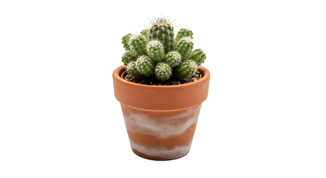 A cactus plant with many offshoots grows in a terracotta pot, standing out against the dark, stark background.