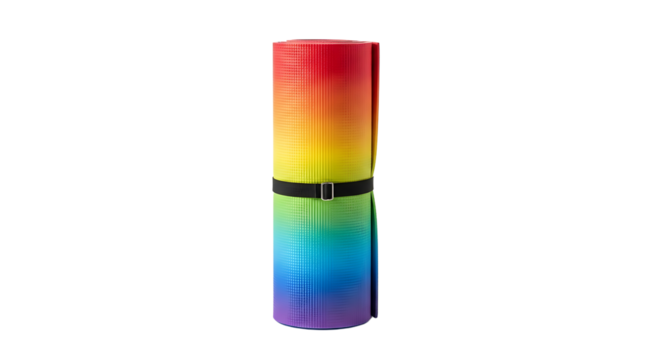 Rolled fitness mat with a rainbow gradient and black strap against a transparent background, perfect for yoga.