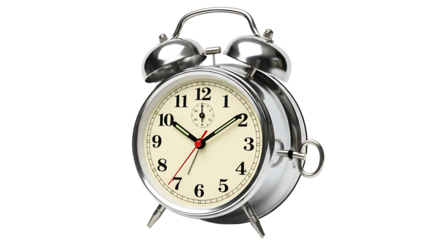Shiny chrome alarm clock with a vintage design, set against a transparent background, indicating the concept of time management.