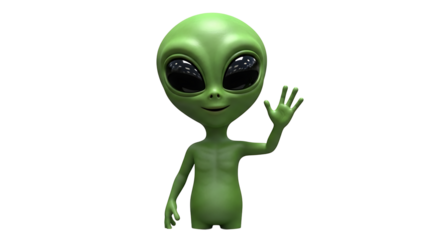 A friendly green alien with big black eyes waves hello on a transparent background, reaching out to make a connection.