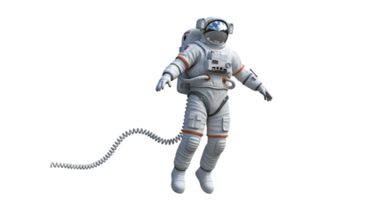 A spacewalker floats in the cosmos, tethered by a cord, gazing through a mirrored visor. Ready for mission.