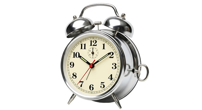 Shiny chrome alarm clock with a vintage design, set against a transparent background, indicating the concept of time management.