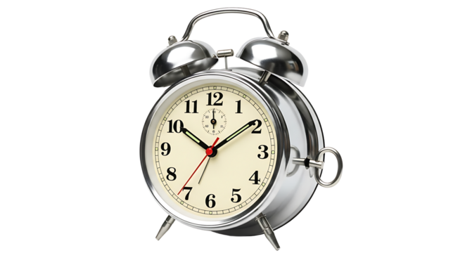 Shiny chrome alarm clock with a vintage design, set against a transparent background, indicating the concept of time management.