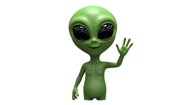 A friendly green alien with big black eyes waves hello on a transparent background, reaching out to make a connection.