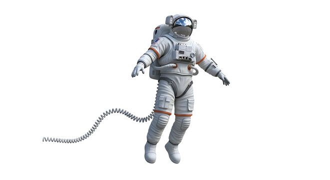 A spacewalker floats in the cosmos, tethered by a cord, gazing through a mirrored visor. Ready for mission.