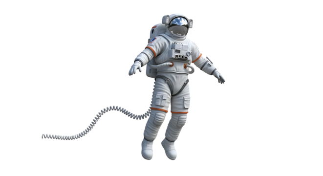 A spacewalker floats in the cosmos, tethered by a cord, gazing through a mirrored visor. Ready for mission.