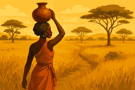 African woman carrying a clay pot on her head, walking through a sunlit savanna landscape with tall grasses and acacia trees under a bright sky.