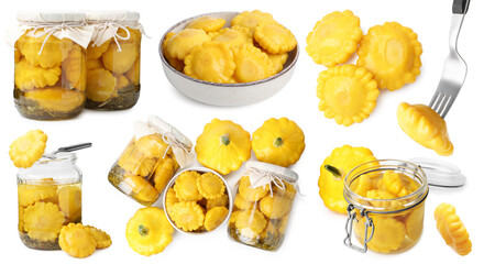 Marinated pattypan squashes isolated on white, set
