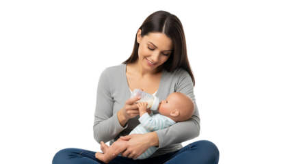 A happy woman wearing a gray shirt and jeans is sitting down while feeding a baby doll with a bottle of milk.
