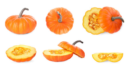 Fresh ripe pumpkins isolated on white, collage. Whole and cut