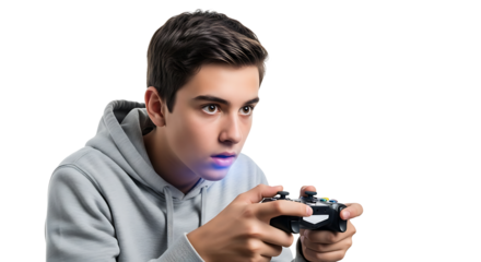 Focused teen engrossed in video game action with a controller, eyes wide with excitement for his video game adventure.