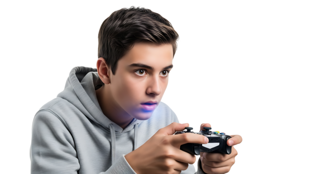 Focused teen engrossed in video game action with a controller, eyes wide with excitement for his video game adventure.