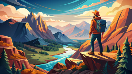 A man in outdoor gear standing on a high cliff, overlooking a breathtaking panoramic view of mountains and rivers below, under a bright sky, capturing the essence of travel, courage, and discovery