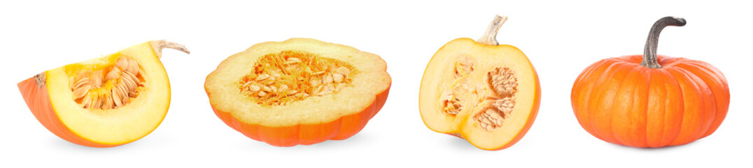 Fresh ripe pumpkins isolated on white, set. Whole and cut