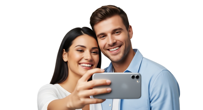 Cheerful couple capturing a selfie moment, beaming with joy, their smiles radiating happiness in a shared memory.