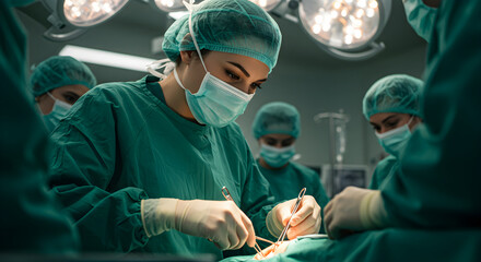 Female surgeon in green scrubs and mask is performing intricate surgery in modern operating room, with bright surgical lights illuminating the focused team and advanced medical equipment in background