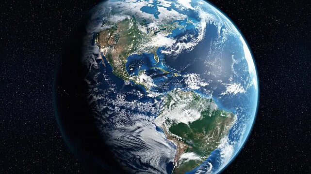 Earth seen from space with continents and clouds visible.