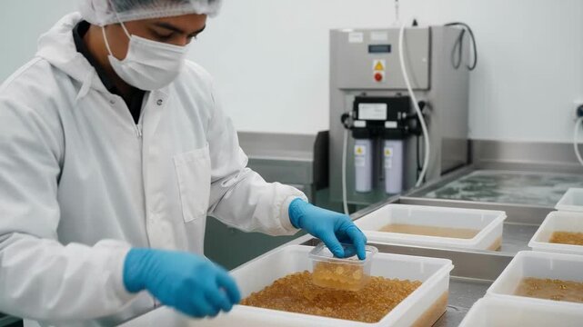 Medium shot of hatchery employee wearing protective gloves mask and coat while handling fish eggs to ensure contaminationfree processing.